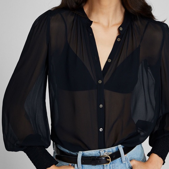 New! CLUB MONACO Smocked Yoke Sheer Blouse, Classic Black, Size Large - Picture 5 of 5